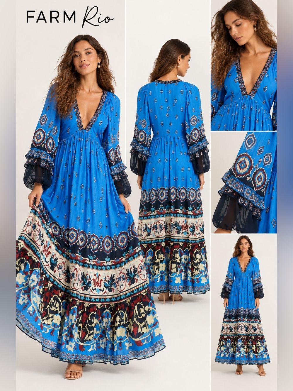 FARM Rio Blue Printed Boho Maxi Dress XS Deep V Neck Resort